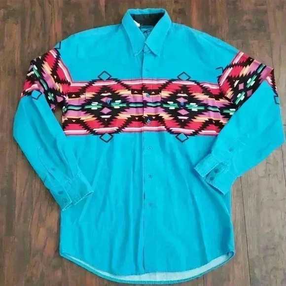 Vintage Roper Bright Western Aztec Print Rodeo Button Down Shirt - Picture 1 of 9